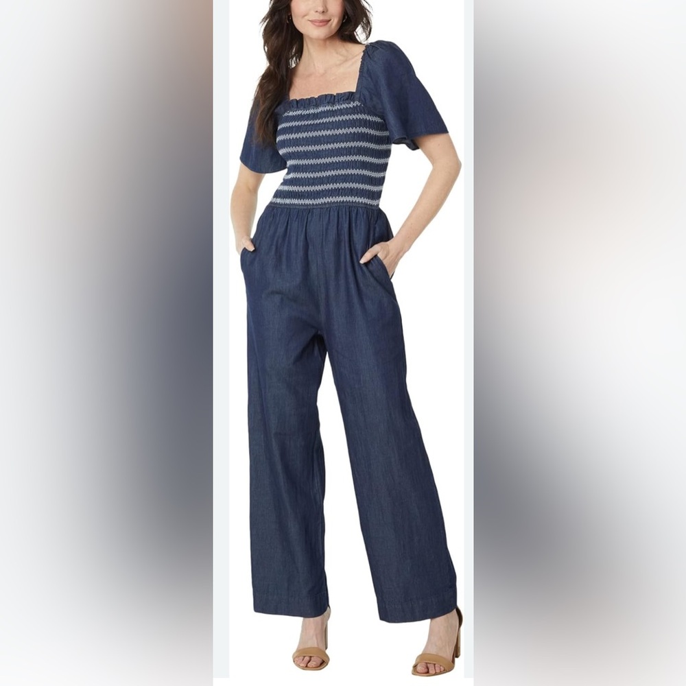 Draper James Indigo Smocked Square-Neck Jumpsuit